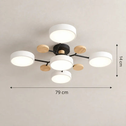 Plafonnier LED blanc multibranches avec diffuseurs lumineux et structure géométrique