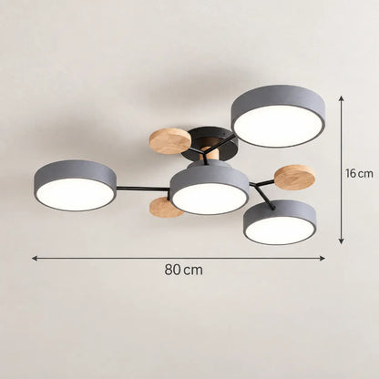 Plafonnier LED gris au design moléculaire avec branches en bois clair