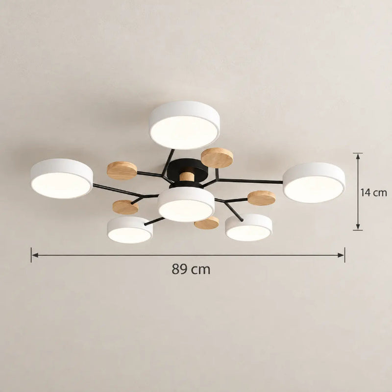 Plafonnier LED gris géométrique avec éclairage multidirectionnel et finitions bois
