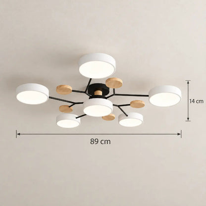 Plafonnier LED gris géométrique avec éclairage multidirectionnel et finitions bois