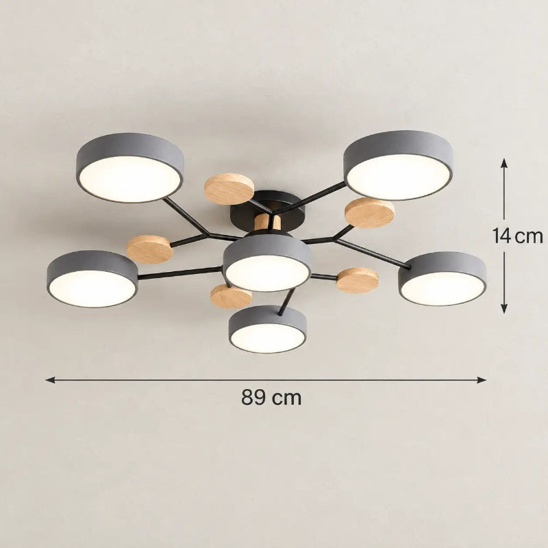 Plafonnier LED gris multibranches avec diffuseurs ronds et détails en bois naturel