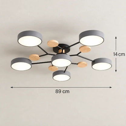 Plafonnier LED gris multibranches avec diffuseurs ronds et détails en bois naturel