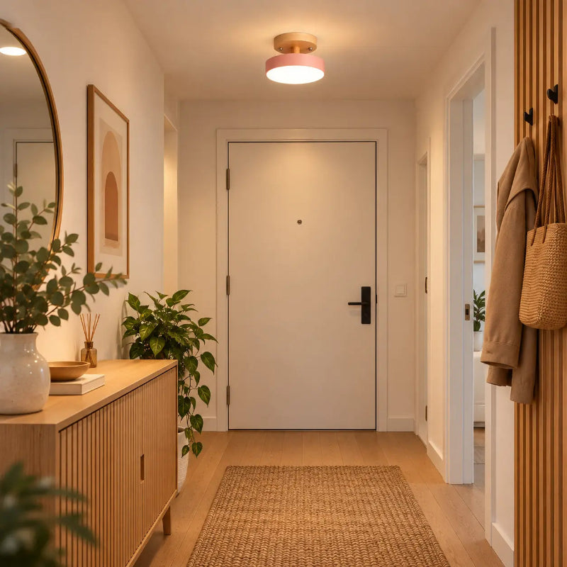 Plafonnier LED rond rose et bois de 18 cm installé au plafond d'une entrée d'appartement moderne, avec décoration scandinave et éclairage chaleureux.