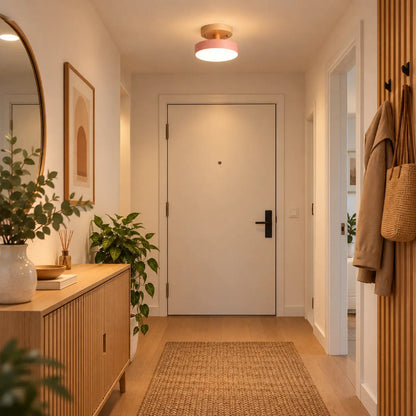 Plafonnier LED rond rose et bois de 18 cm installé au plafond d'une entrée d'appartement moderne, avec décoration scandinave et éclairage chaleureux.