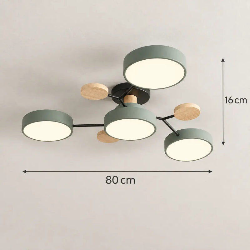 Plafonnier LED vert sauge et bois naturel au design nordique semi-encastré