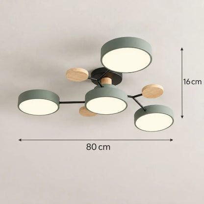 Plafonnier LED vert sauge et bois naturel au design nordique semi-encastré