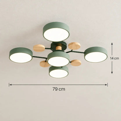 Plafonnier LED vert sauge au design nordique avec structure moléculaire et globes lumineux