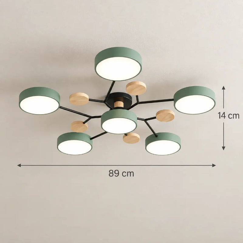 Plafonnier LED vert sauge à plusieurs branches avec abat-jours ronds lumineux