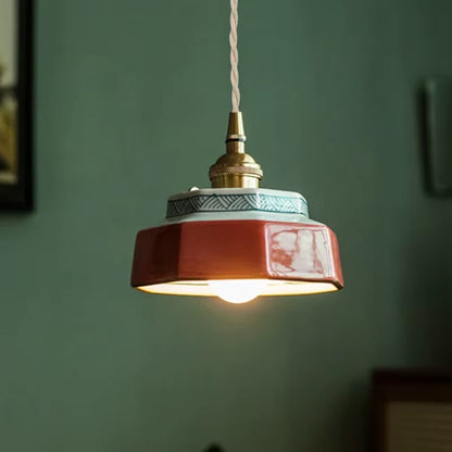 Suspension en céramique émaillée Terre de Sienne, abat-jour rouge brun vintage
