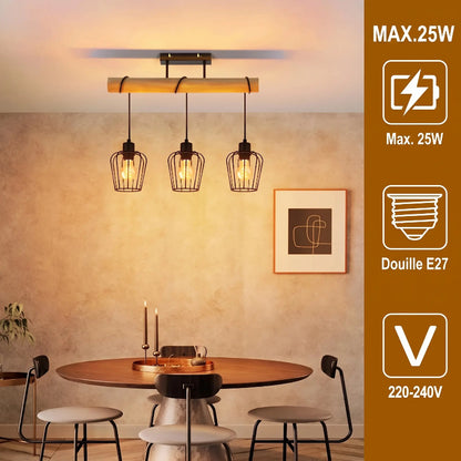 Suspension 3 lumières au-dessus d'une table à manger ronde avec caractéristiques 25W max et 220-240V